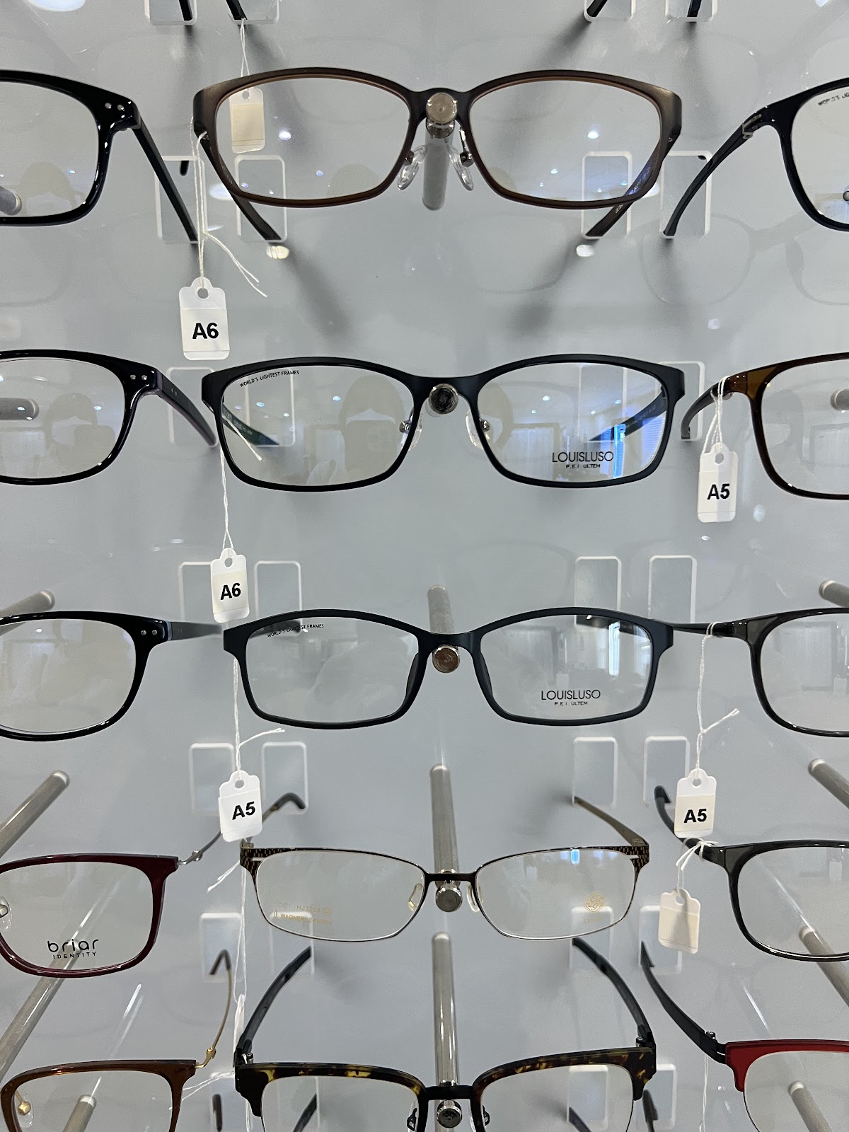 A wall of eyeglass frames on display